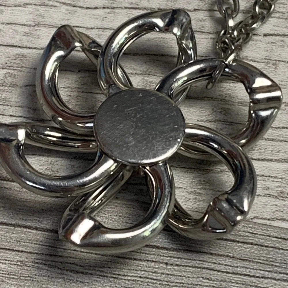 Silver Tone Long Flower Pendant Necklace Rhinestone Accent 36 Inch Chain